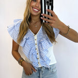 WHITE KNIT RUFFLE STRIPED TOP