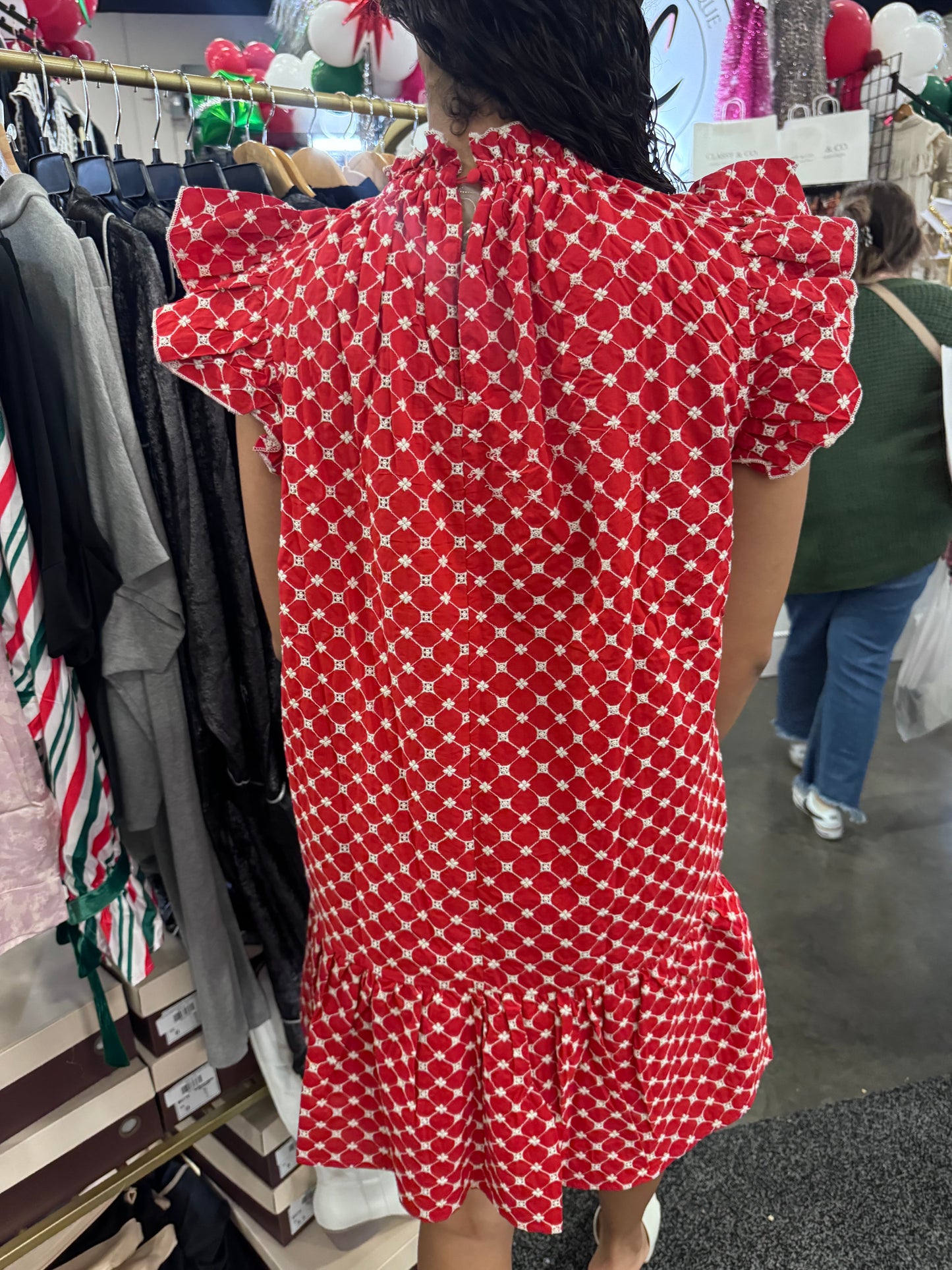 RED TEXTURED RUFFLE DRESS