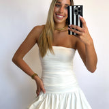 WHITE BUBBLE HEM RUCHED MINI DRESS