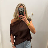 BROWN DRAPED OFF THE SHOULDER LACE TRIM BLOUSE