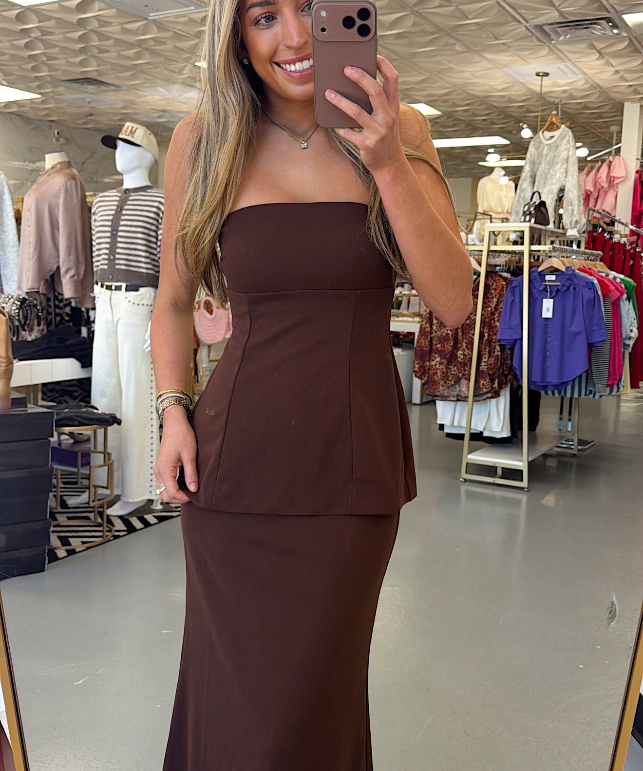 WF BROWN STRAPLESS PEPLUM MAXI DRESS