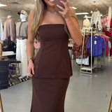 WF BROWN STRAPLESS PEPLUM MAXI DRESS