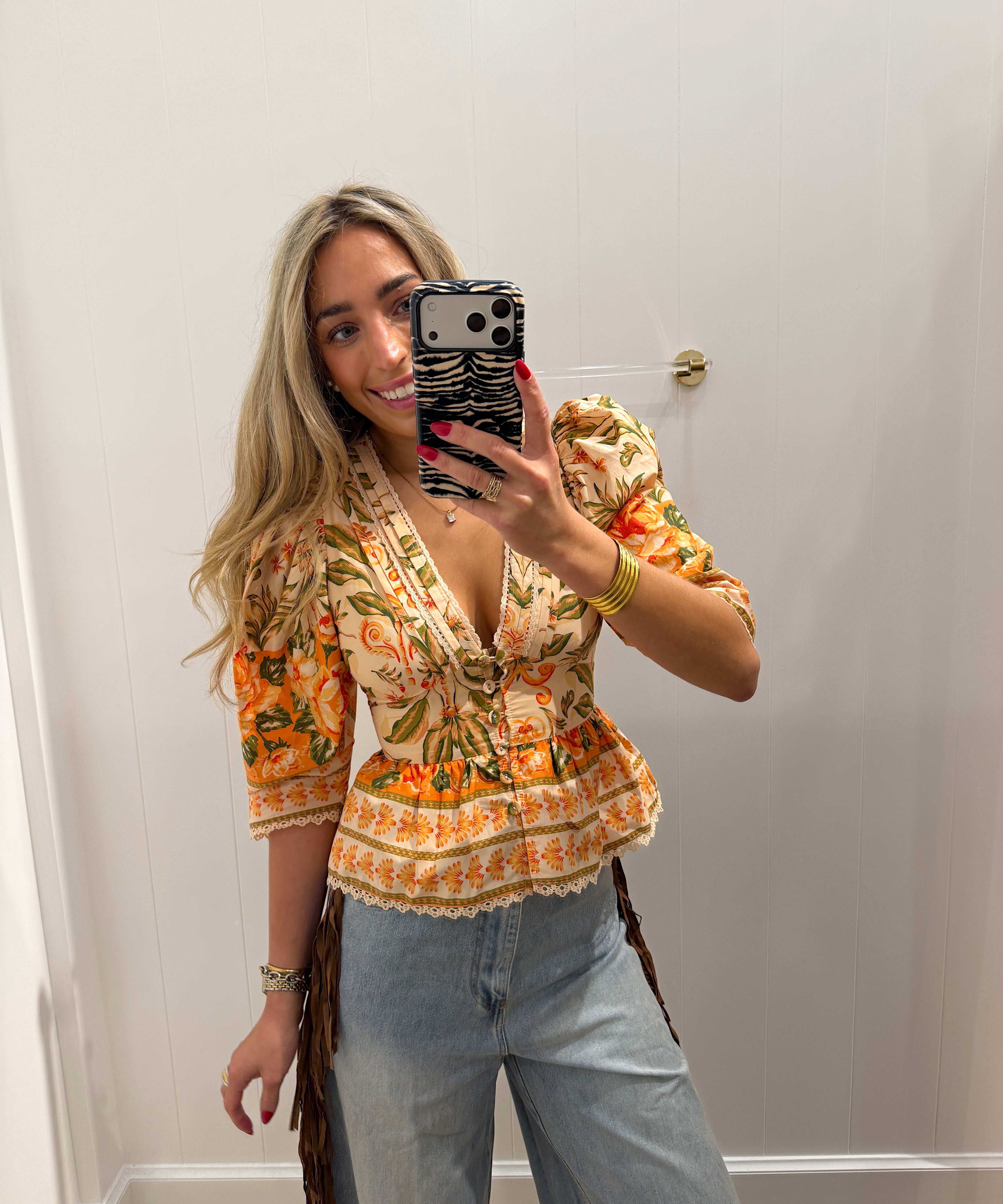 LBK ORANGE FLORAL PEPLUM BUTTON TOP