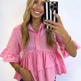 PINK RUFFLE DETAILED BUTTON UP TOP