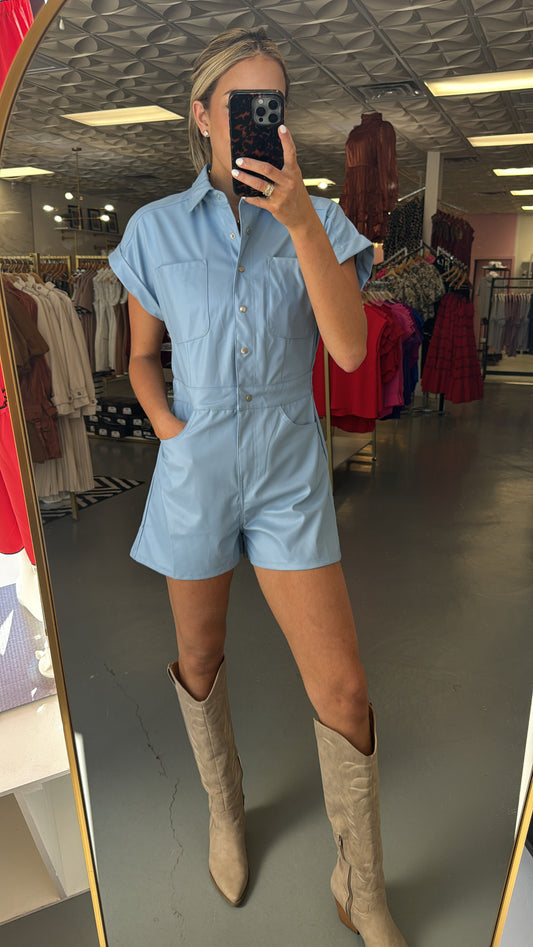 BLUE PLEATHER BUTTON ROMPER