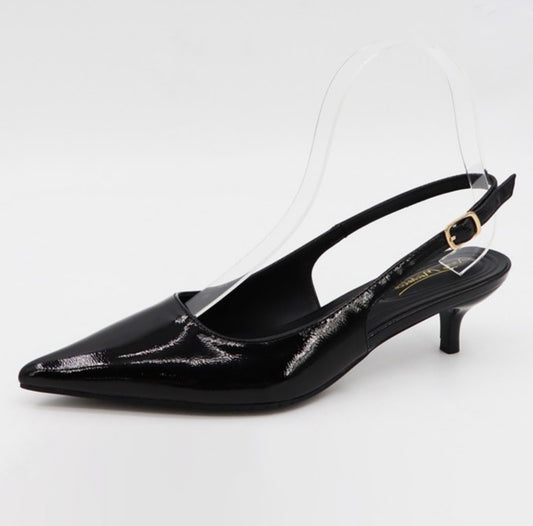 BLACK PATENT SLINGBACK KITTEN HEELS