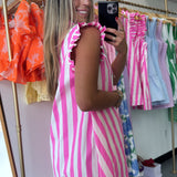 PINK STRIPED RUFFLE V NECK DRESS