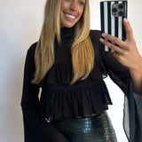 BLACK FLOUNCE RUFFLED CHIFFON BLOUSE