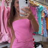 PINK STRAPLESS BELTED ROMPER