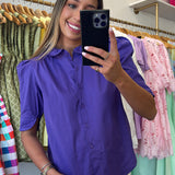PURPLE RUFFLE COLLARED PUFF SLEEVE TOP