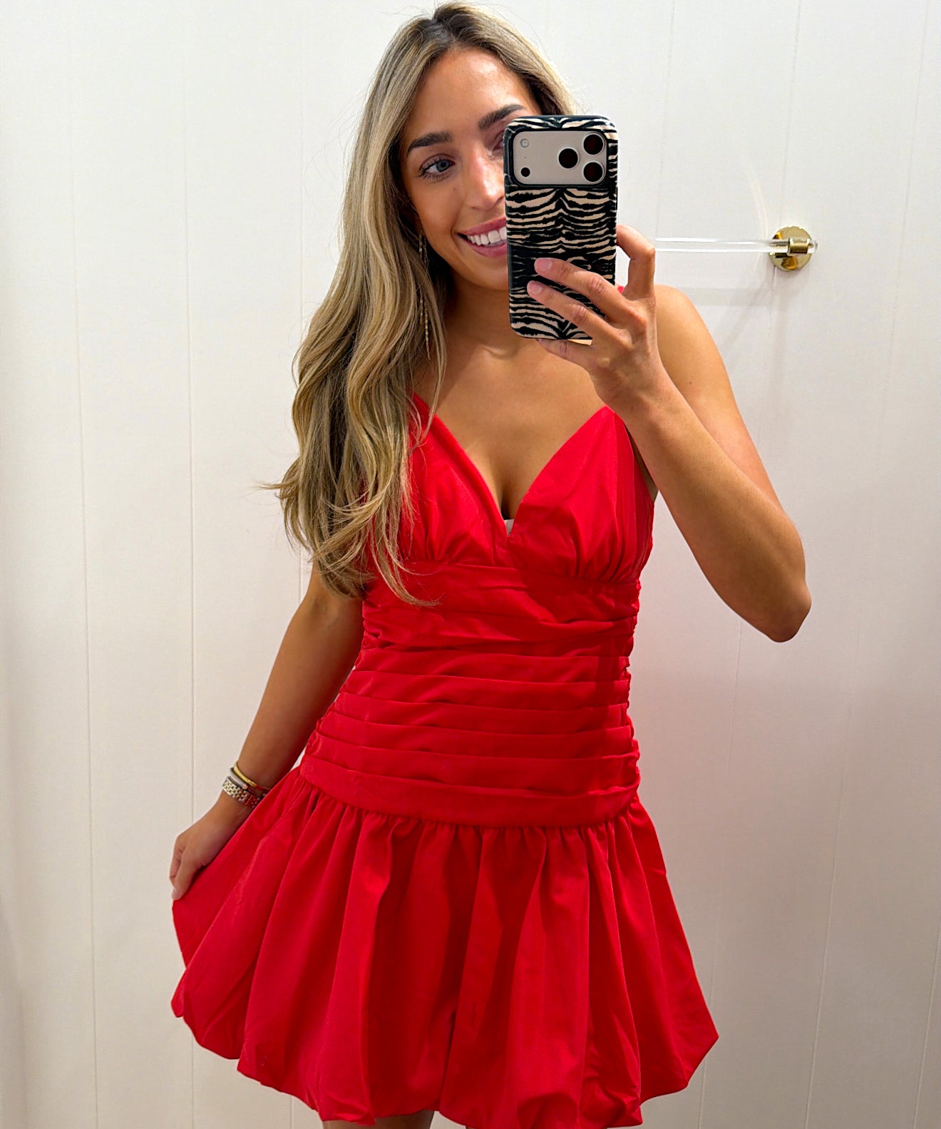LBK RED RUCHED BUBBLE HEM DRESS