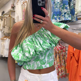 GREEN FLORAL ONE SHOULDER RUFFLE TOP