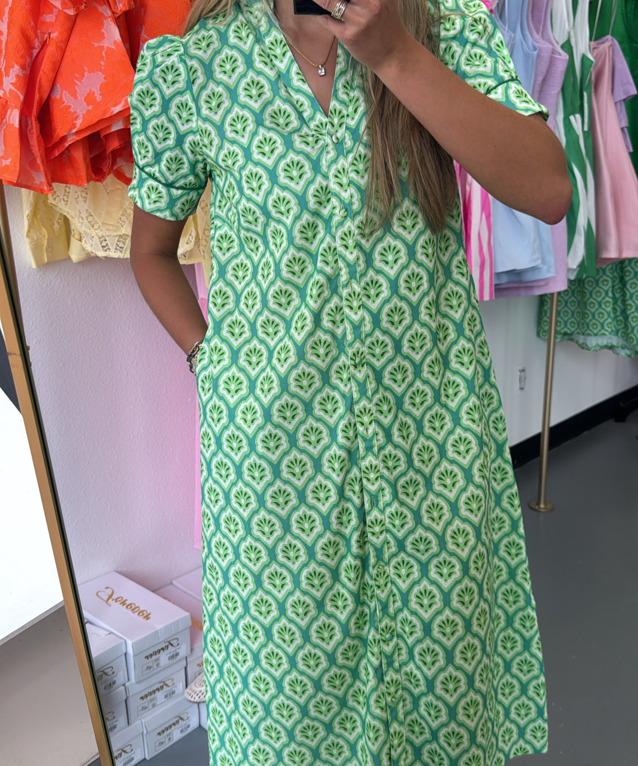 GREEN FLORAL RUFFLE MIDI DRESS