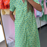 GREEN FLORAL RUFFLE MIDI DRESS