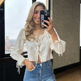 CREAM FORAL EMBROIDERY SCALLOPED TIE TOP