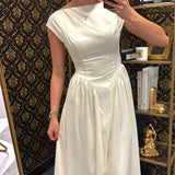 Cream Satin Boat Neckline Midi Dress