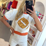 WHITE / ORANGE EMB. PUFF SLEEVE TOP