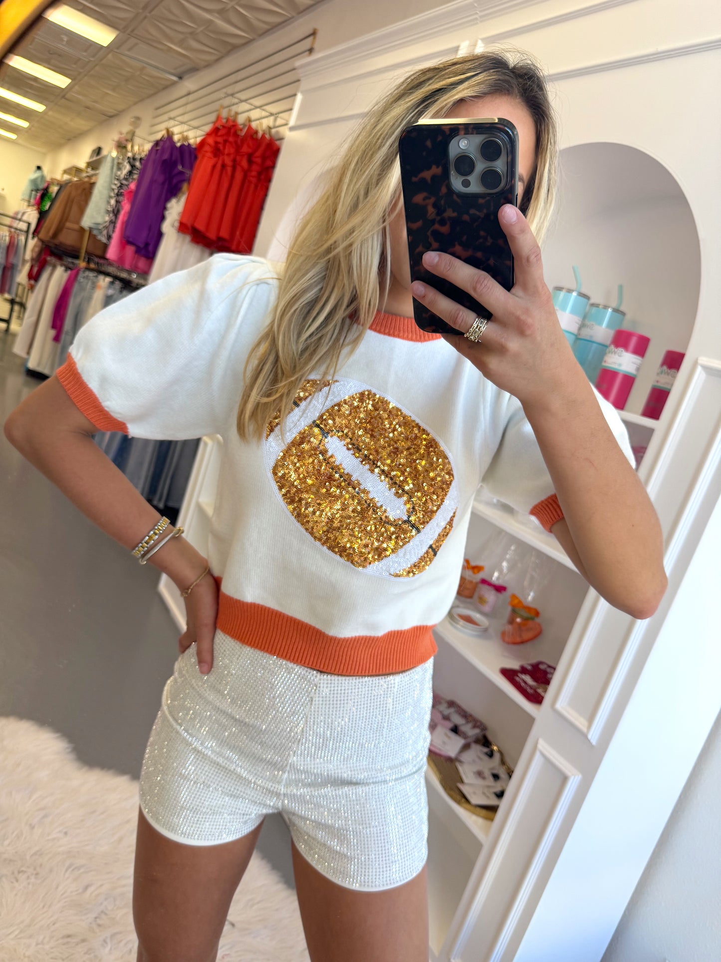 WHITE / ORANGE EMB. PUFF SLEEVE TOP