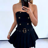 BLACK PLEATED BUTTON MINI DRESS