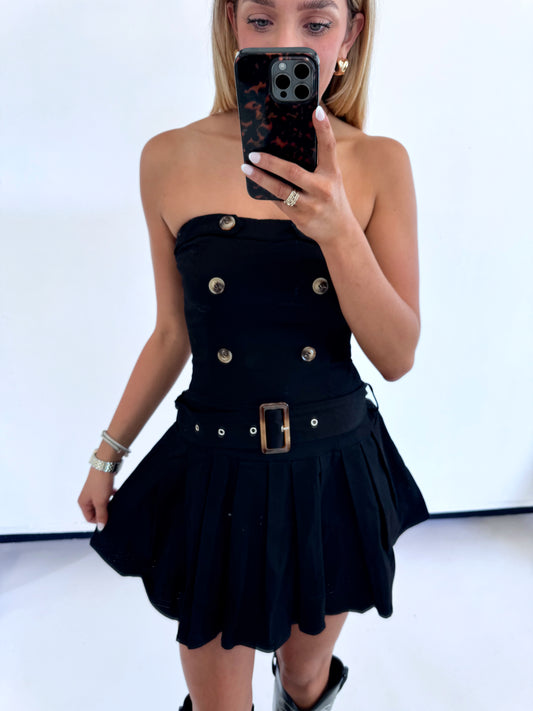 BLACK PLEATED BUTTON MINI DRESS