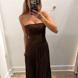 LBK BROWN ASYMMETRIC STRAPLESS PLEATED MAXI DRESS