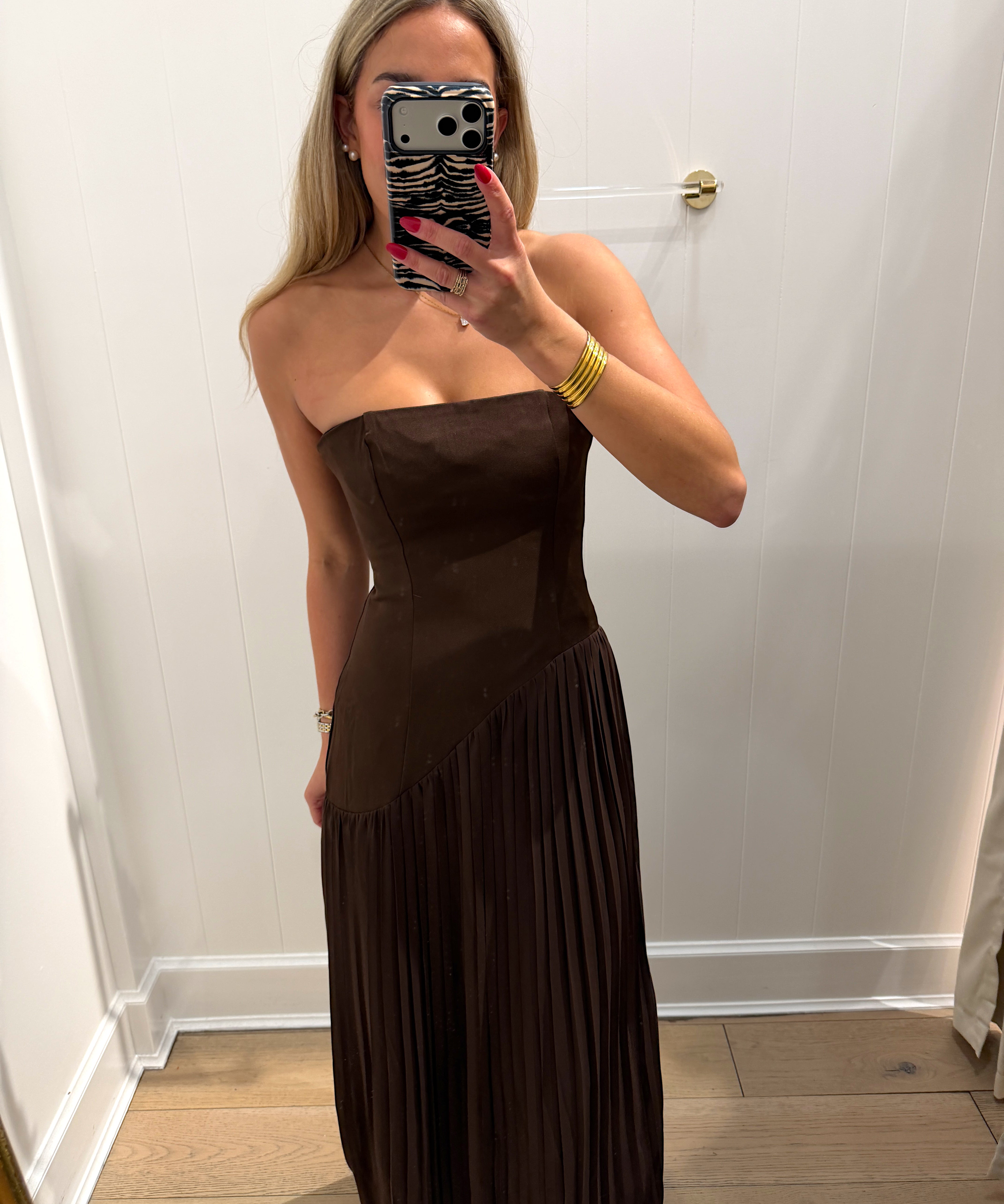 LBK BROWN ASYMMETRIC STRAPLESS PLEATED MAXI DRESS
