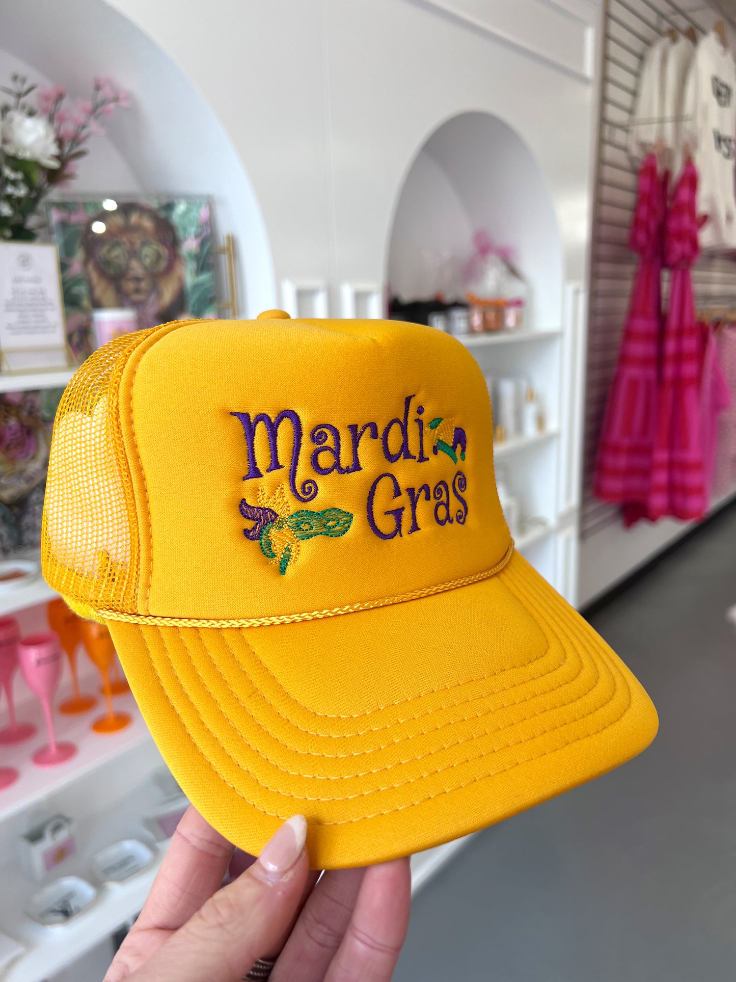 MARDI GRAS YELLOW TRUCKER HAT