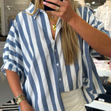 BLUE + WHITE STRIPE BUTTON TOP
