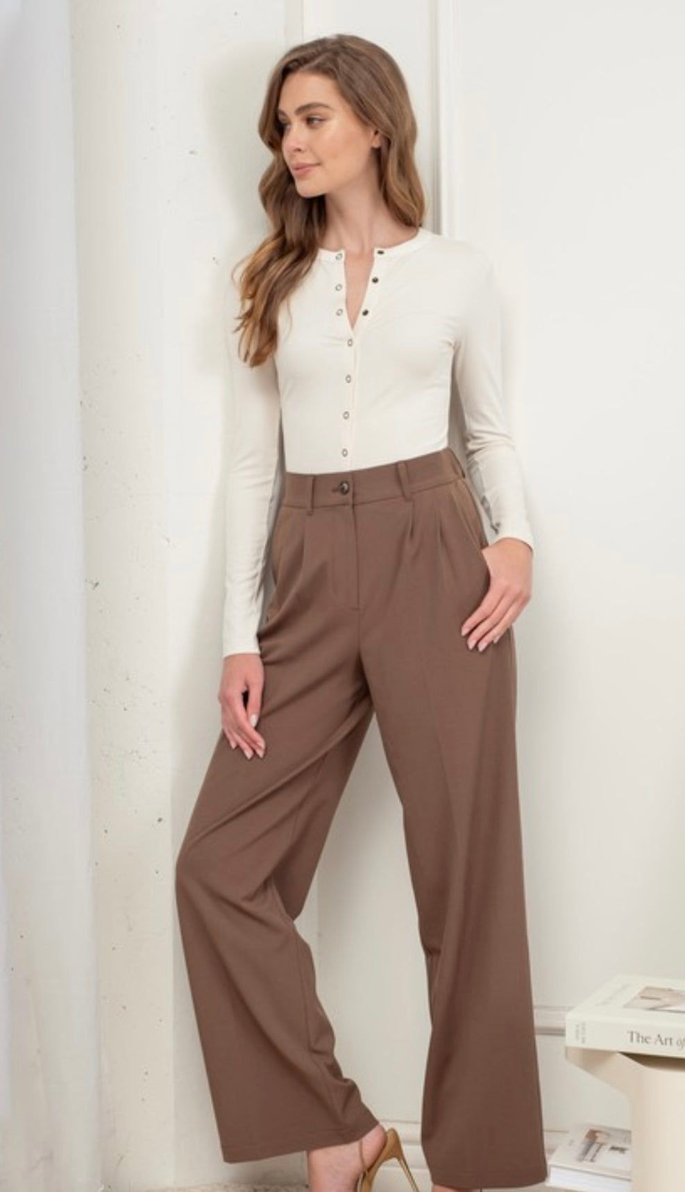 BROWN HIGH WAISTED PLEATED DRESS PANTS