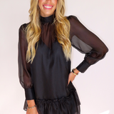 BLACK CHIFFON SHEER BOW TIE MINI DRESS