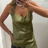 OLIVE LACE SATIN HALTER TANK