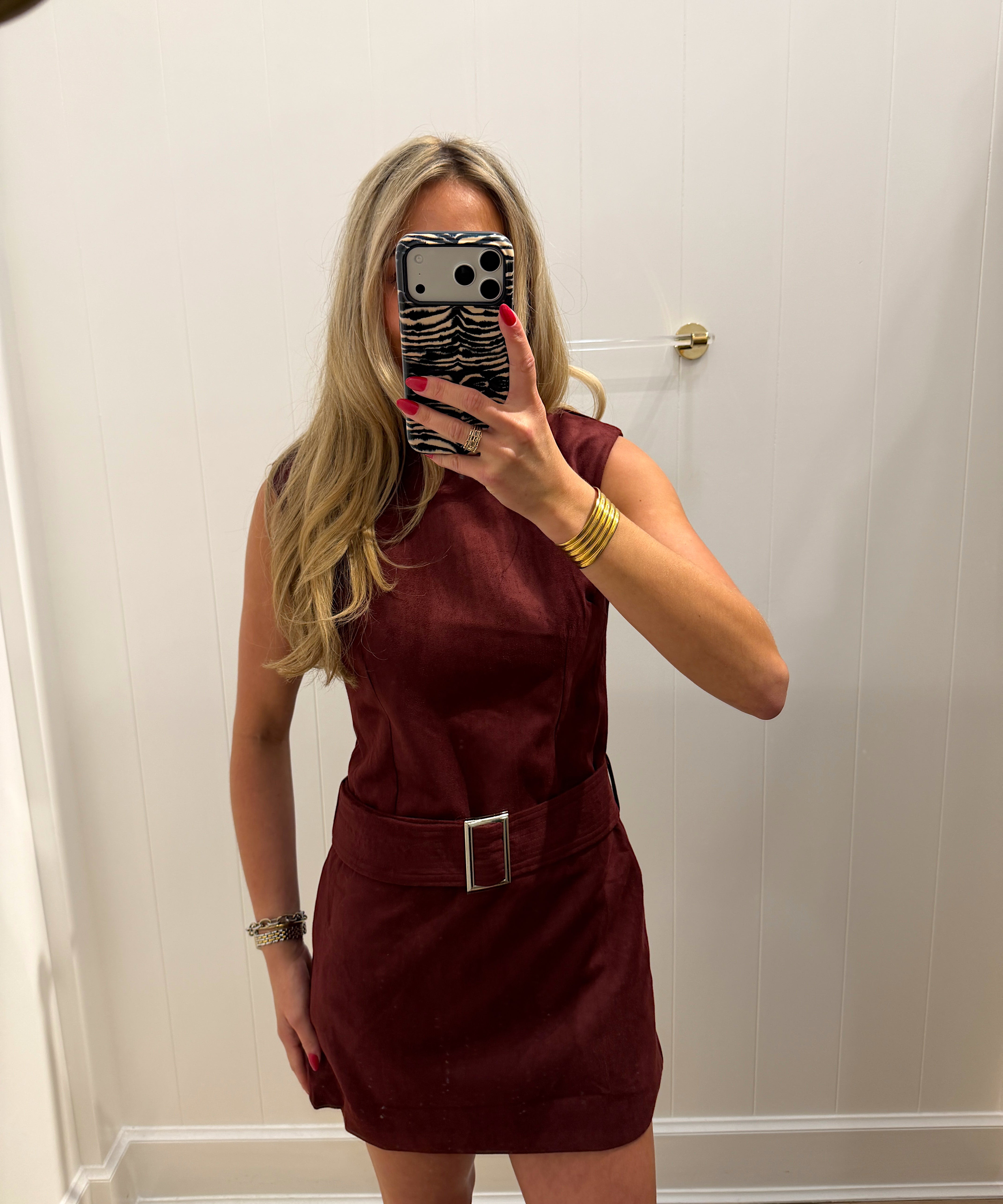 LBK BELTED SUEDE MAROON MOCK NECK DRESS