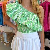 GREEN FLORAL ONE SHOULDER BUBBLE TOP