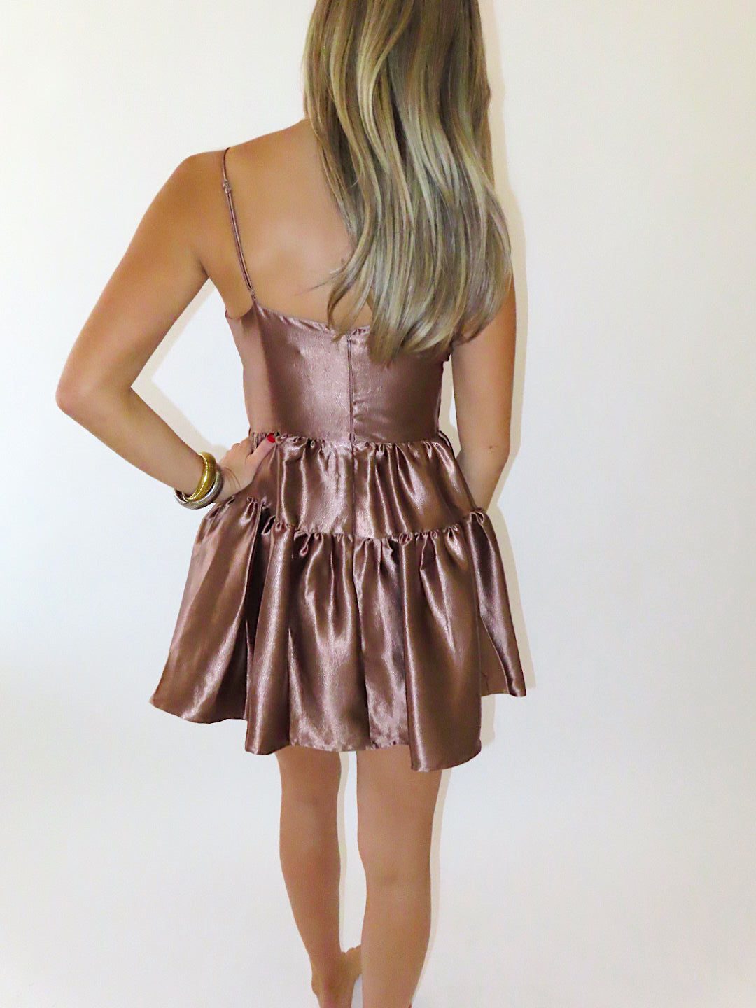 BRONZE SHIMMER MINI RUFFLE DRESS