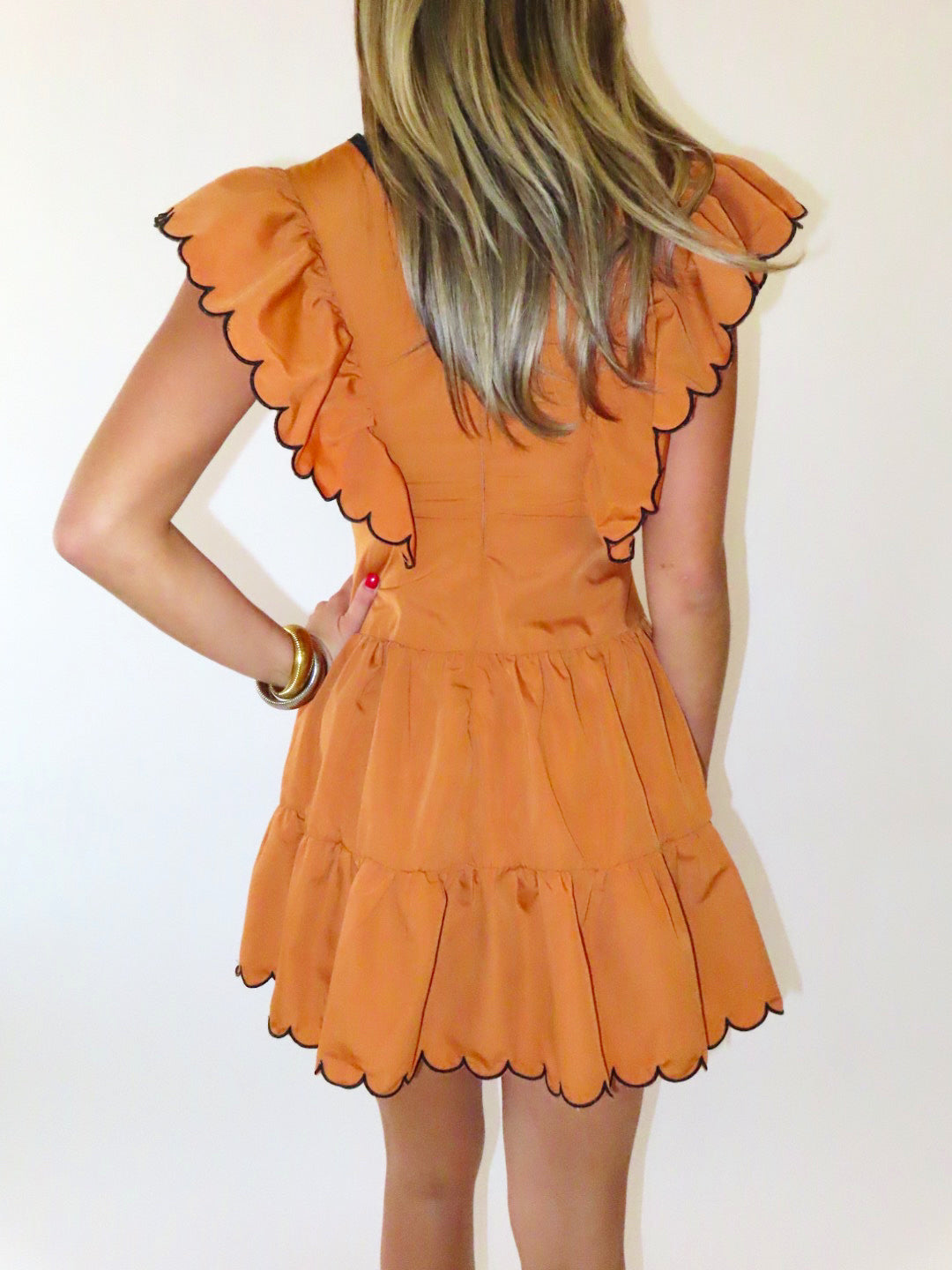 CAMEL RUFFLE SCALLOPED DRESS