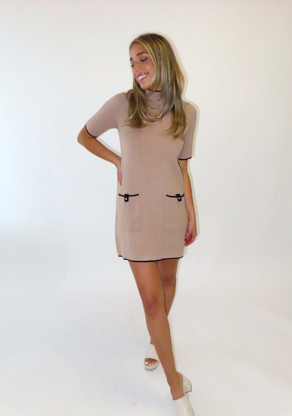 BEIGE BUTTON UP POCKET DRESS