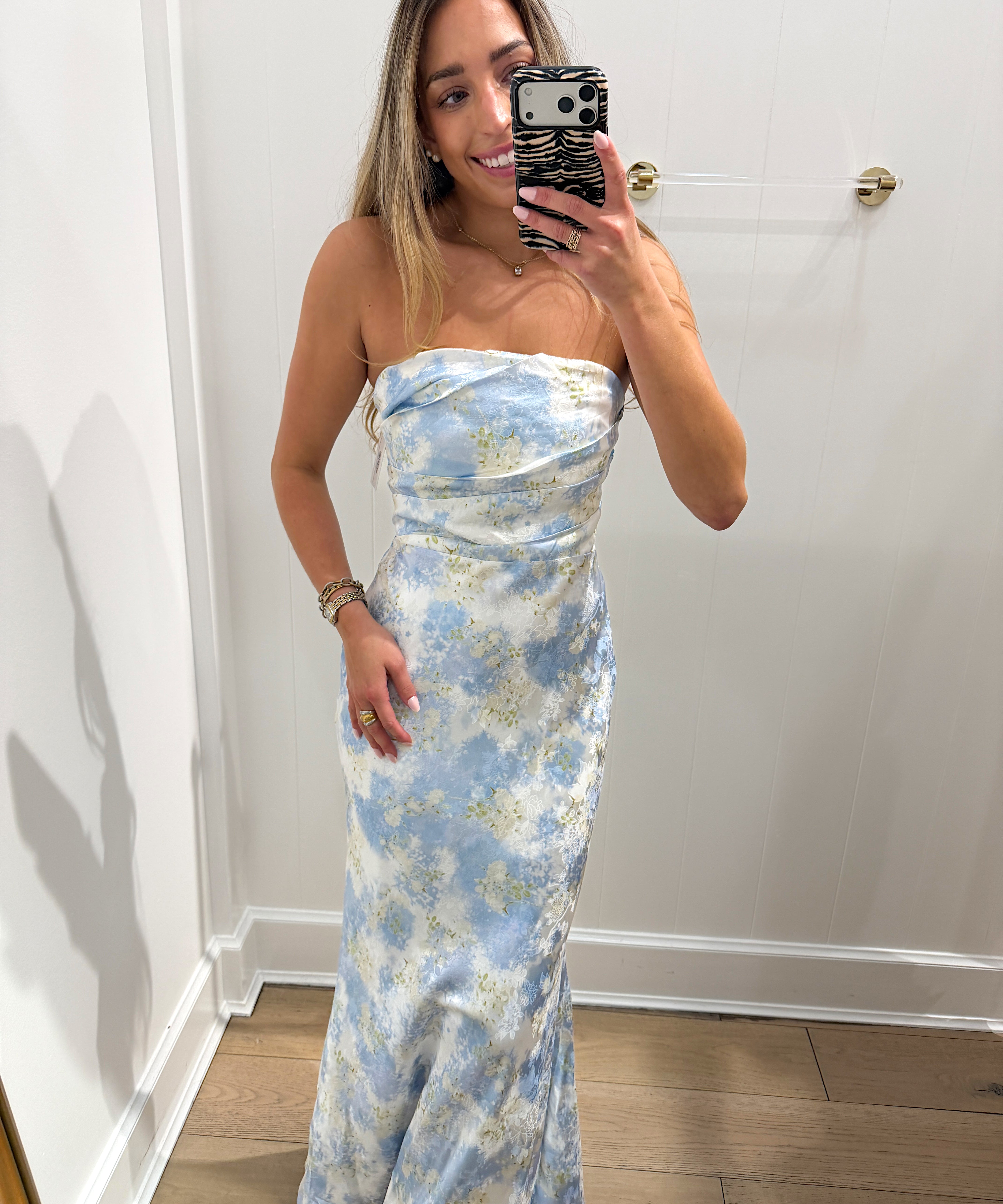 BLUE FLORAL SATIN STRAPLESS MAXI DRESS