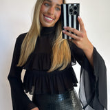 BLACK FLOUNCE RUFFLED CHIFFON BLOUSE