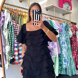 BLACK RUFFLE TIERED MINI DRESS