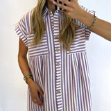 PURPLE STRIPED BUTTON DOWN DRESS