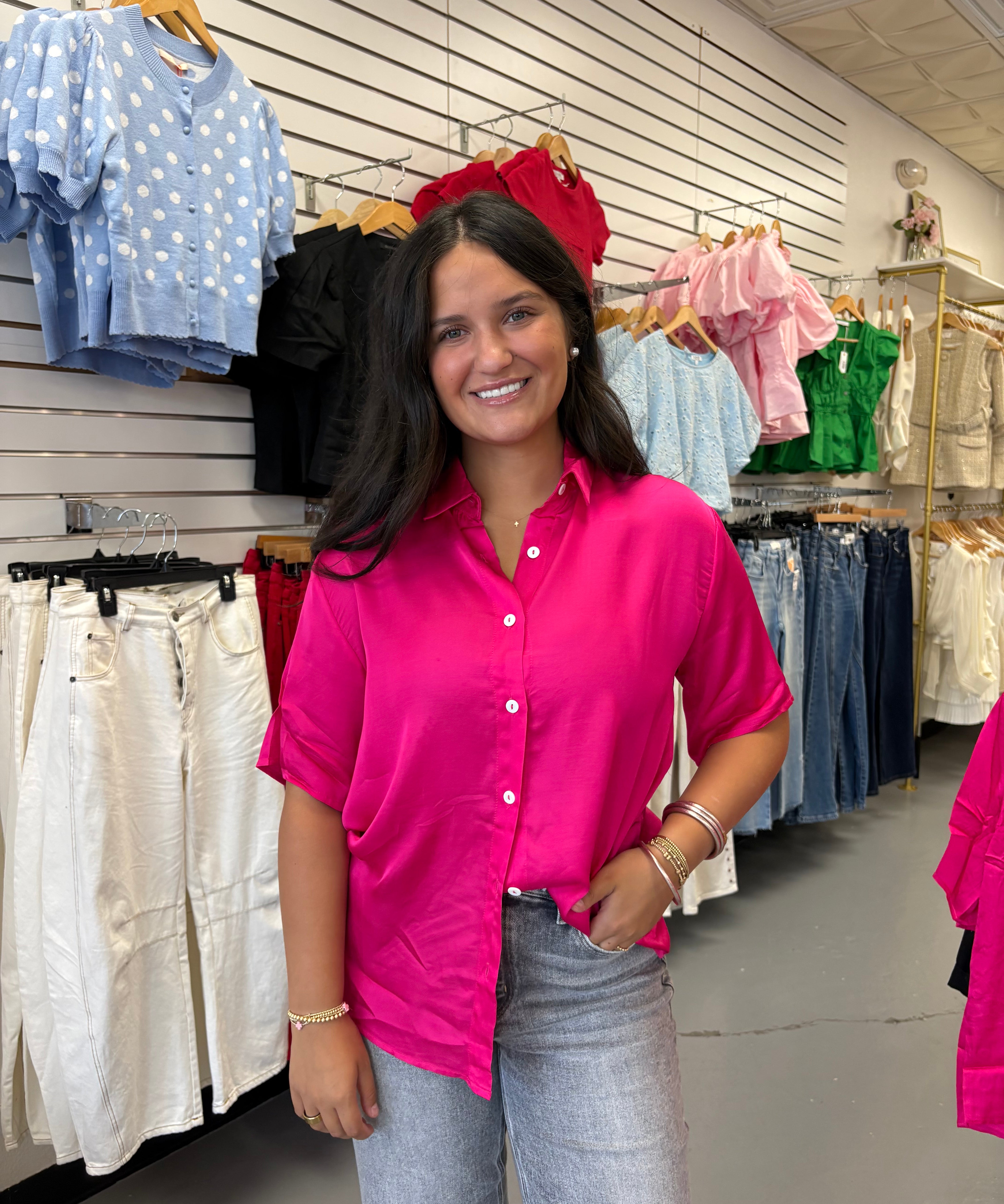 HOT PINK SATIN BUTTON DOWN