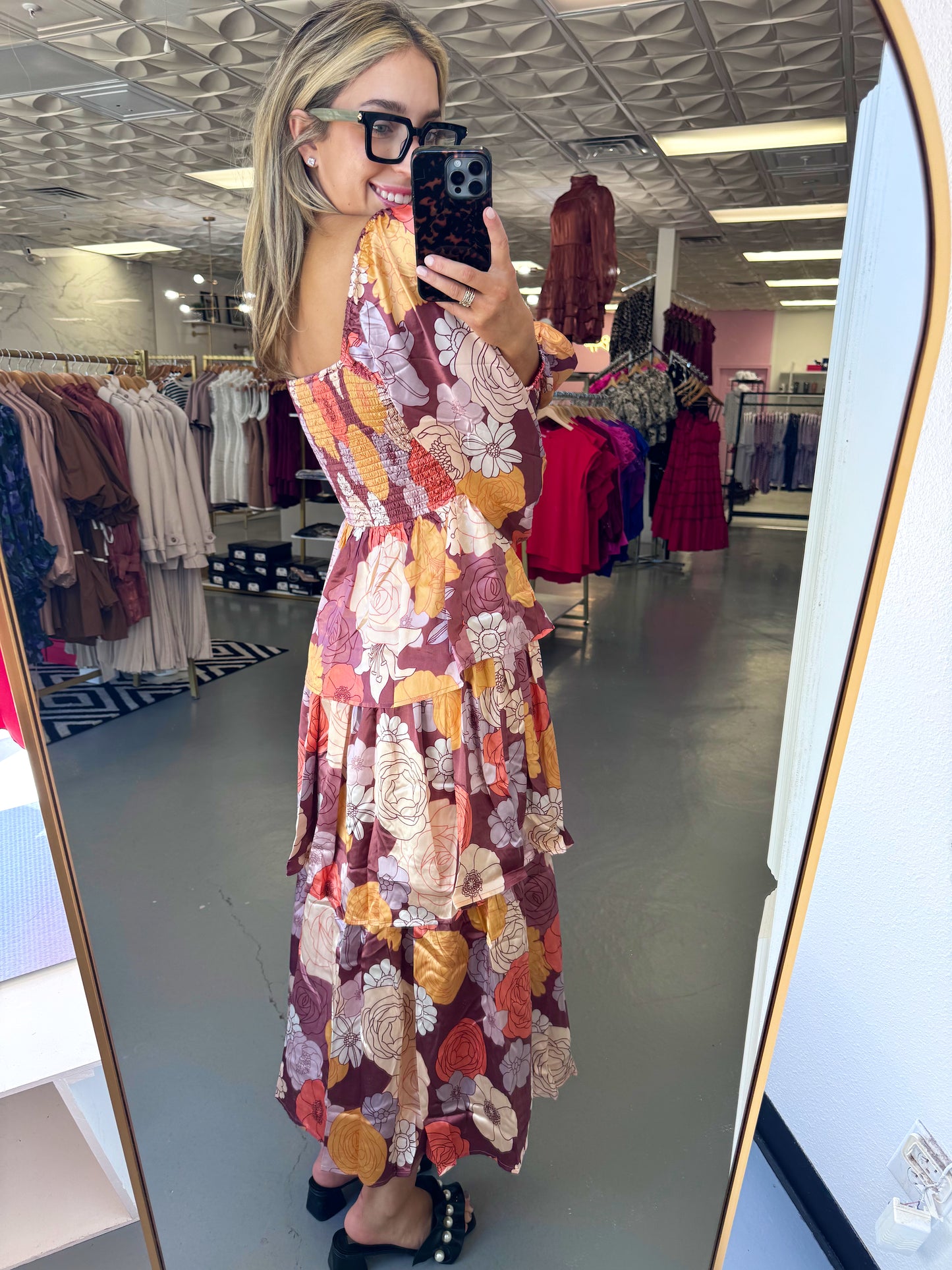 FALL FLORAL PRINT SATIN MAXI DRESS