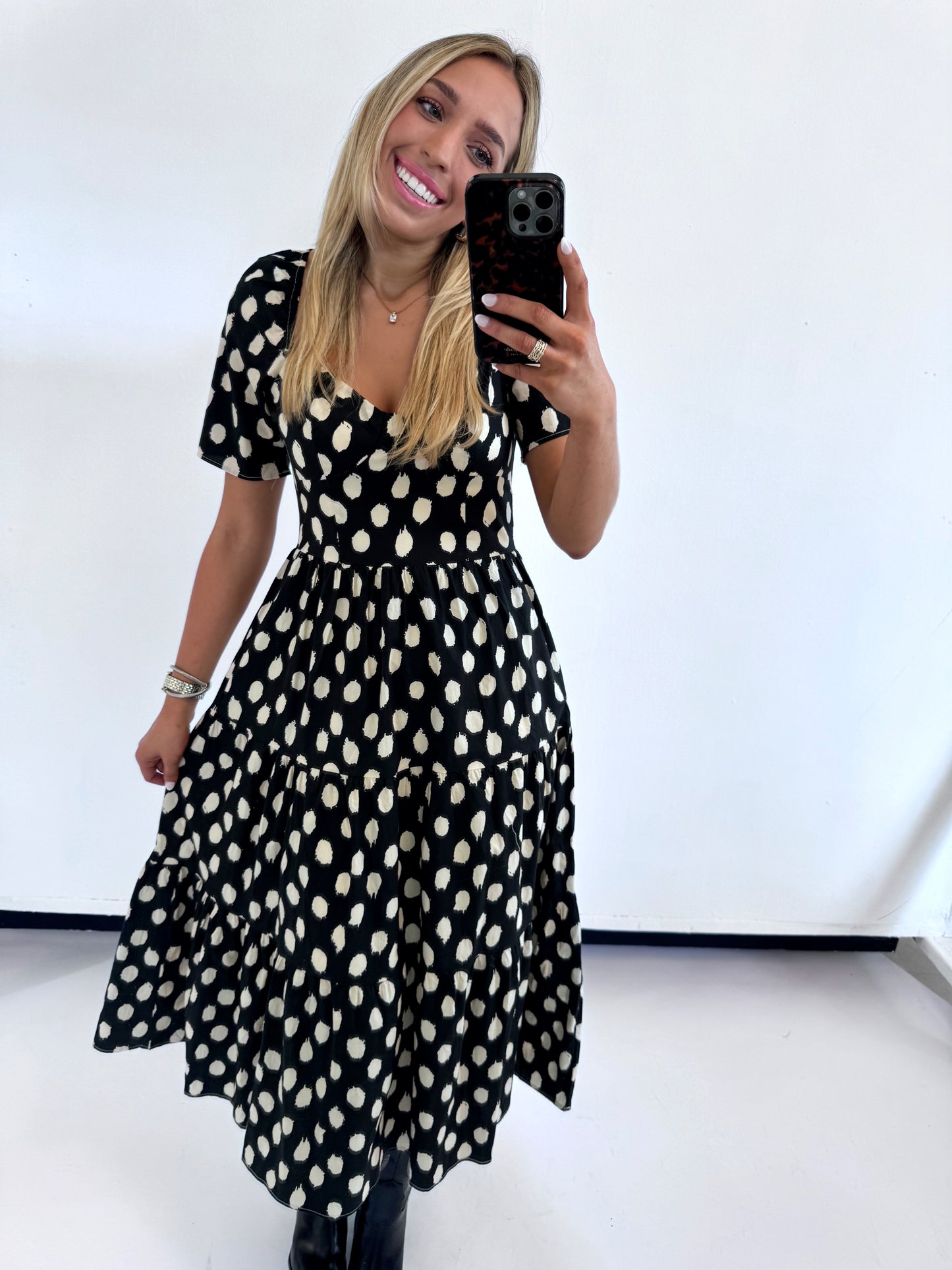 BLACK POLKA DOT SLEEVE MIDI DRESS