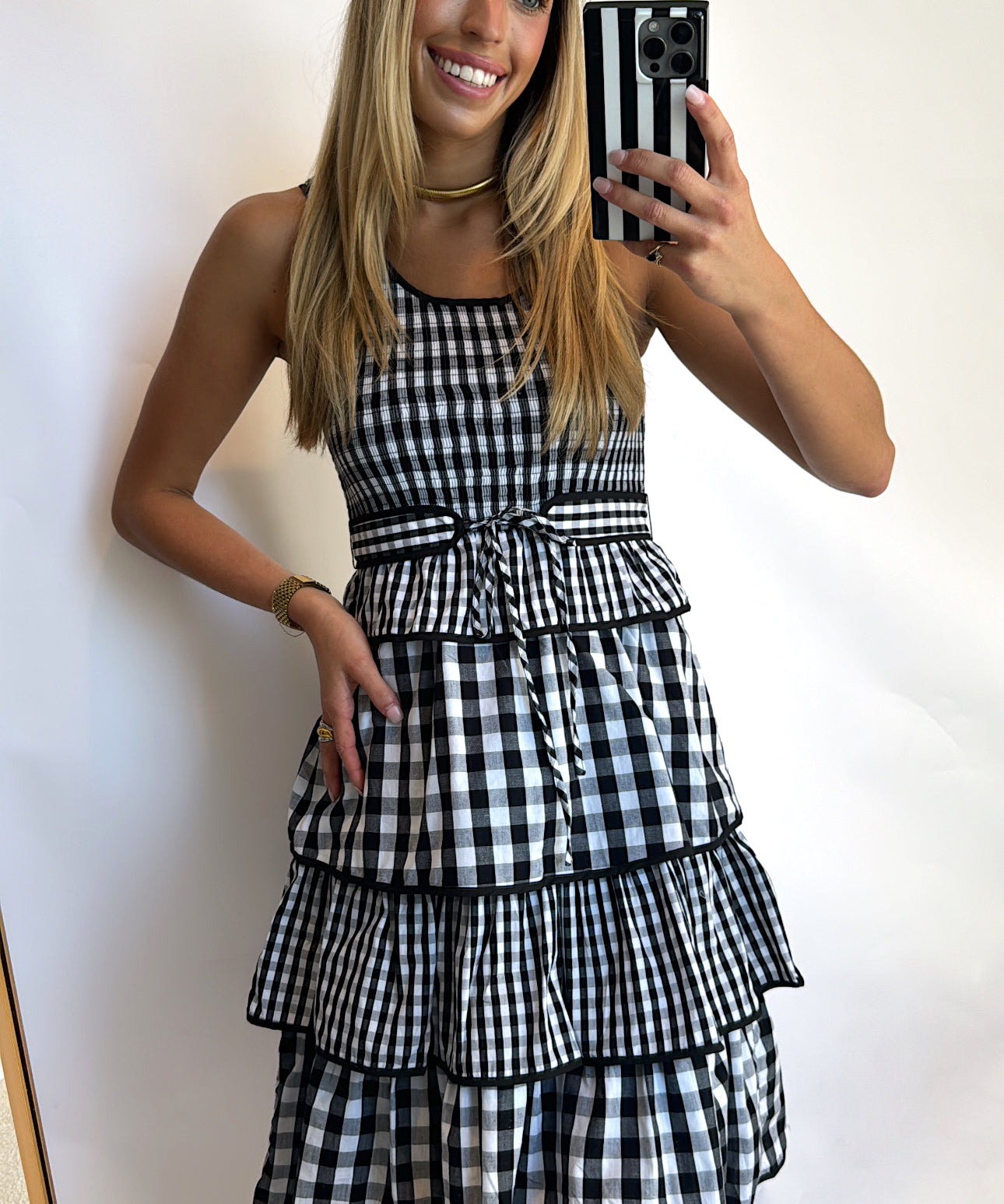CHECKERED BELT RUFFLE MIDI DRESS