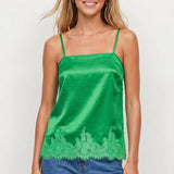 Square Neck Lace Trim Satin Cami: Black / S