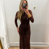 CHOCOLATE LONGSLEEVE SHEER MAXI DRESS