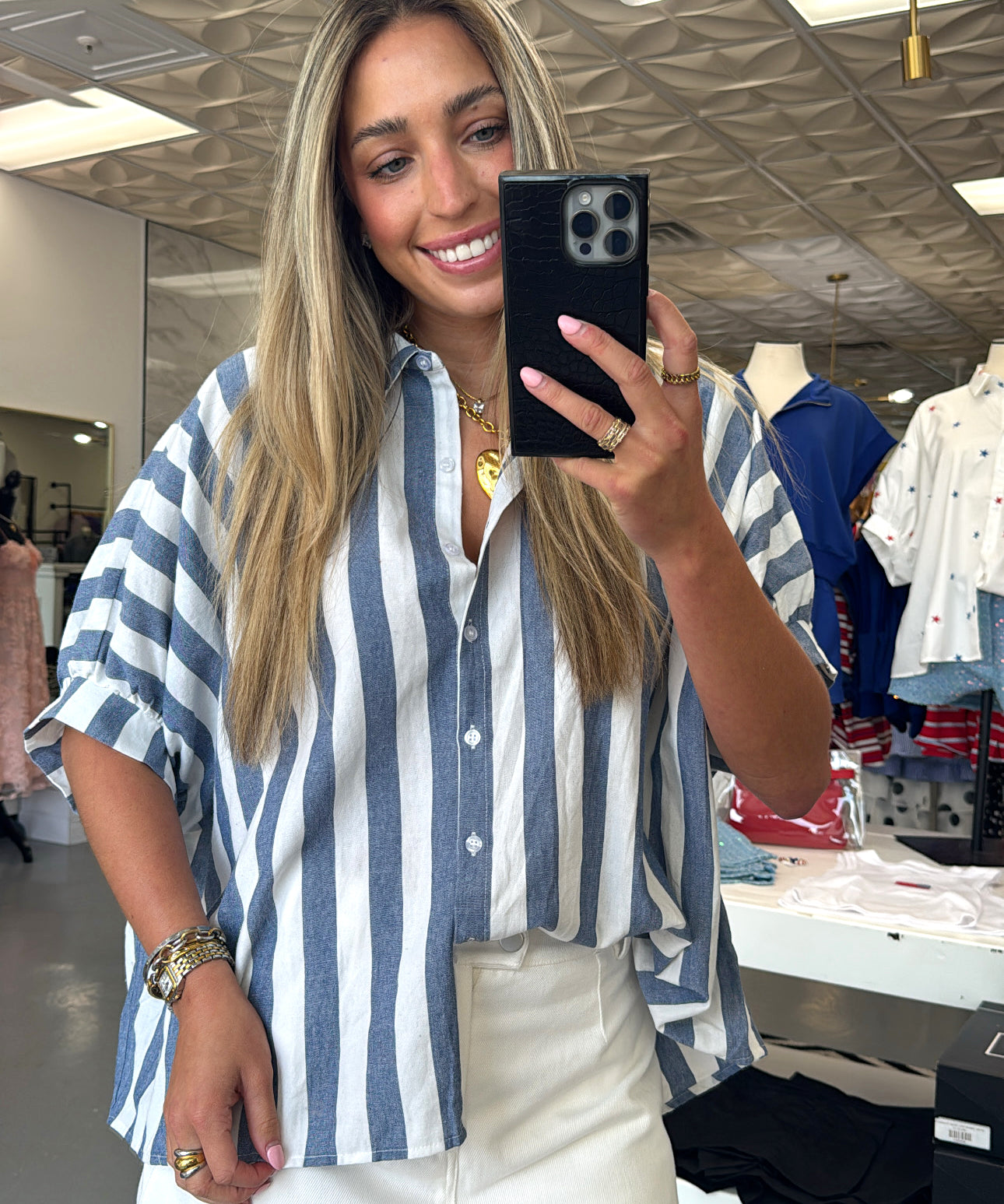 BLUE + WHITE STRIPE BUTTON TOP