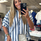 BLUE + WHITE STRIPE BUTTON TOP