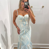 BABY BLUE PEARL RUFFLE MIDI DRESS