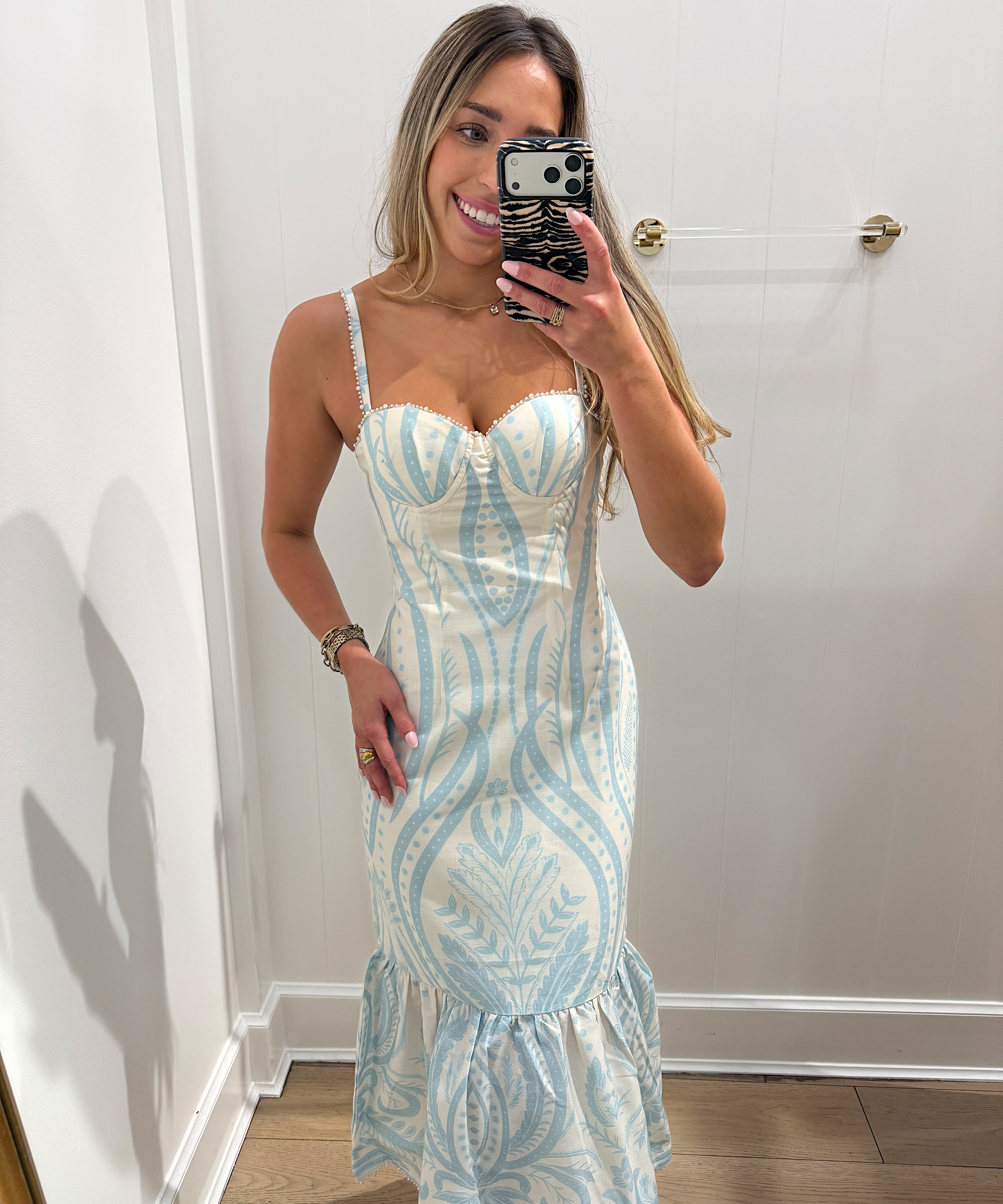 BABY BLUE PEARL RUFFLE MIDI DRESS